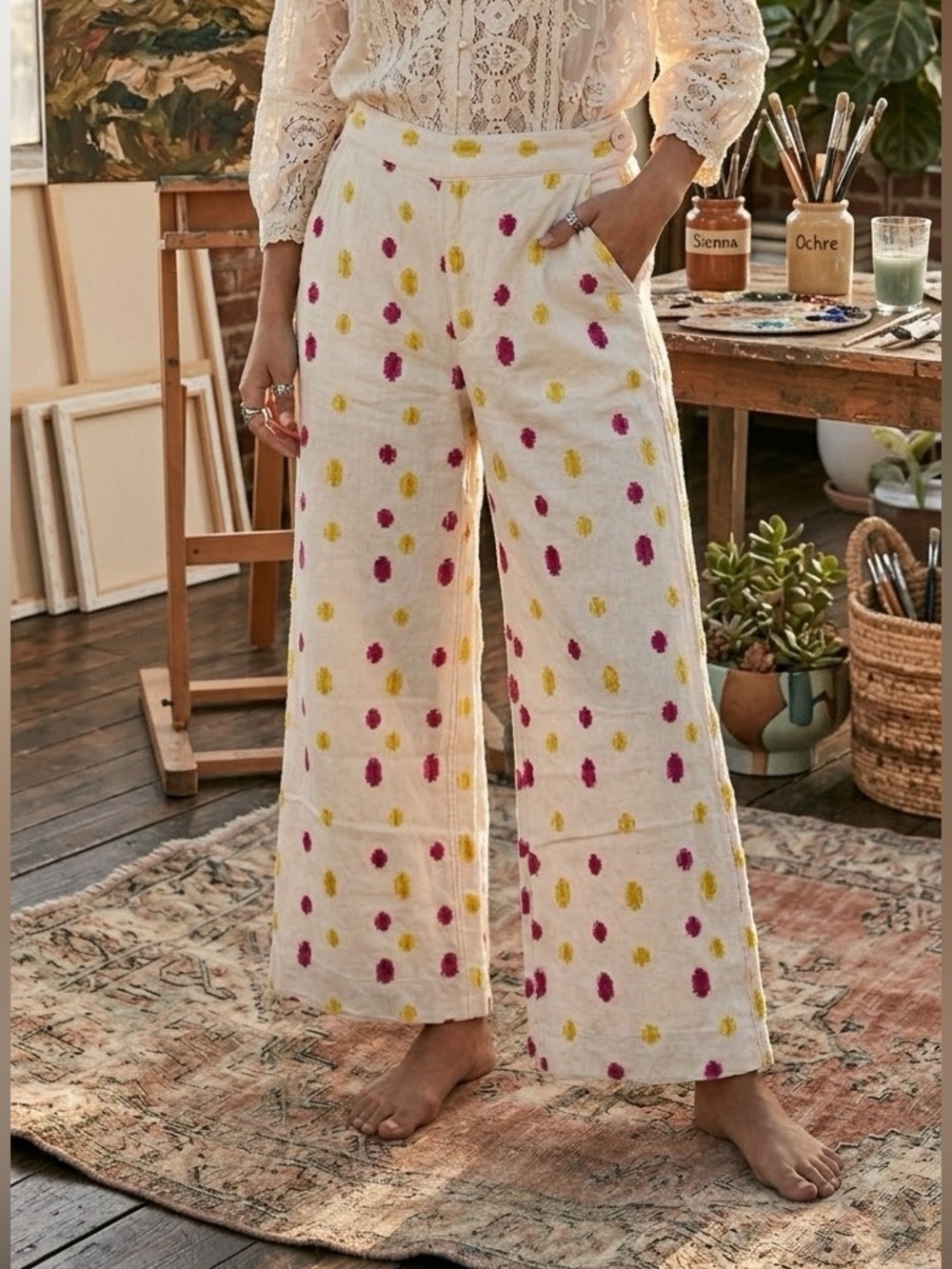 Anthropology embroidered wide leg pants cute pattern cotton pocket boho